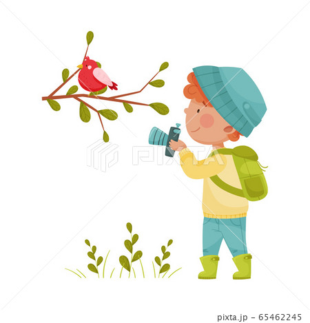 Cute Boy Standing and Taking Photo of Bird Vector Illustration 65462245