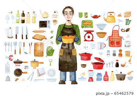 手描き水彩｜パパとキッチンツール　clipart　イラストセット 65462579