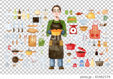 手描き水彩｜パパとキッチンツール　clipart　イラストセット 65462579