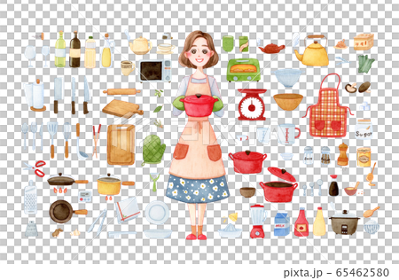 손으로 그린 수채화 엄마와 주방 도구 Clipart 일러스트 세트 스톡일러스트 65462580 Pixta