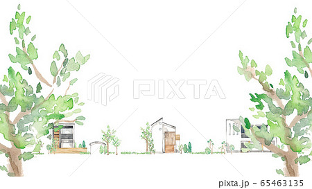 街路樹の間から覗くデザインハウス 風景のイラスト素材