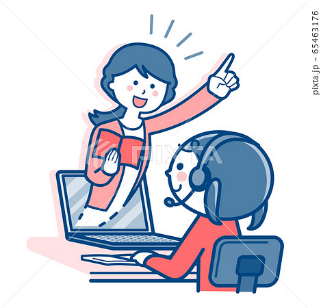 オンライン授業を受ける女の子/パソコン・PC/2色 オンライン授業を受ける女の子/パソコン・PC/2色 65463176