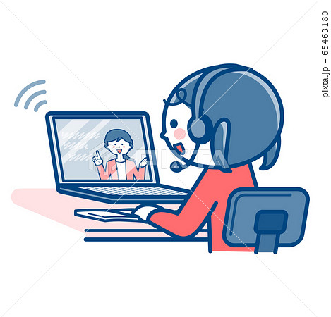 オンライン授業を受ける女の子/パソコン・PC/2色 オンライン授業を受ける女の子/パソコン・PC/2色 65463180