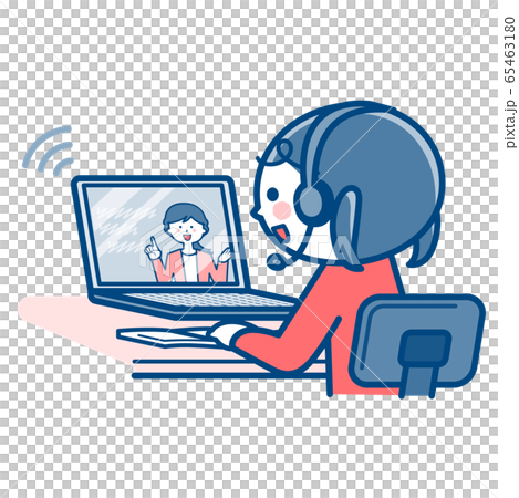 オンライン授業を受ける女の子/パソコン・PC/2色 オンライン授業を受ける女の子/パソコン・PC/2色 65463180