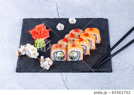 japanese sushi food. Maki ands rolls with tuna, salmon, shrimp, crab and avocado. 65463702