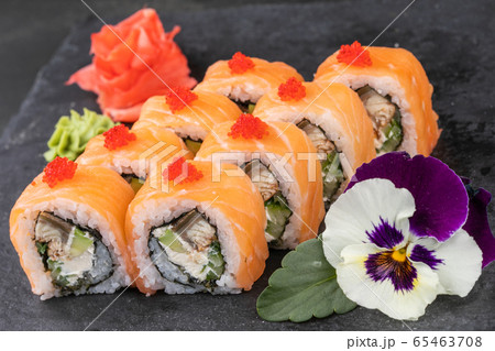 japanese sushi food. Maki ands rolls with tuna, salmon, shrimp, crab and avocado. japanese sushi food. Maki ands rolls with tuna, salmon, shrimp, crab and avocado. 65463708