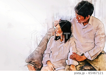 Abstract colorful happiness pregnant woman with husband and hug on white background on watercolor illustration painting background. 65467121