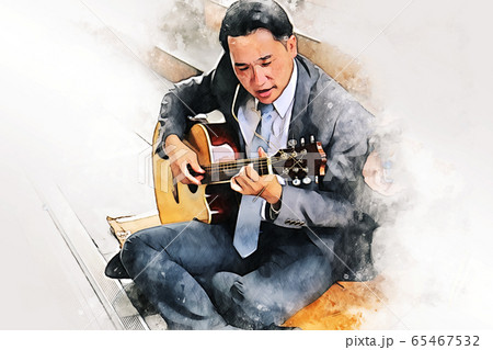 Abstract colorful business man playing acoustic guitar for relaxation on watercolor illustration painting background. 65467532