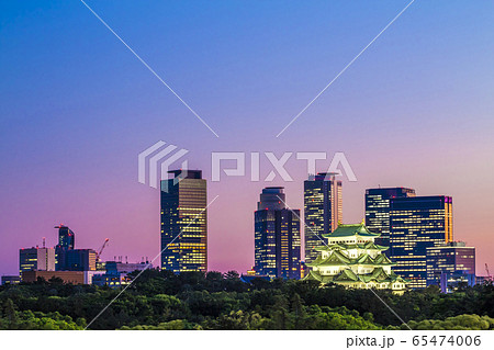 愛知県　名古屋城と高層ビル群 夕景 65474006