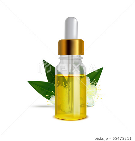 Myrtle Oil Bottle with Flowers and Leaves in Realistic Style 65475211