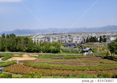 5月の山形 寒河江つつじ公園 南面白山方面の写真素材