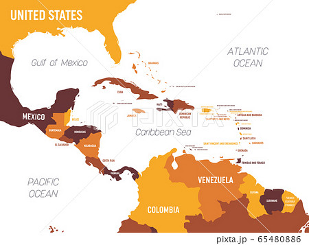 Central America map - brown orange hue colored on dark background. High detailed political map Central American and Caribbean region with country, ocean and sea names labeling 65480886