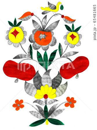 Artwork in folk style. Abstract colorful plants and flowers. Hand drawn primitive botanical elements. Pencil and gouache. Russian and nordic naive decorative illustration. 65481665