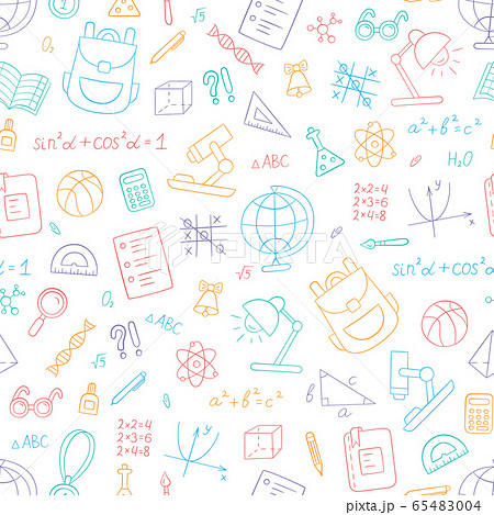 School colorful seamless pattern in doodle style on white background. Vector 65483004
