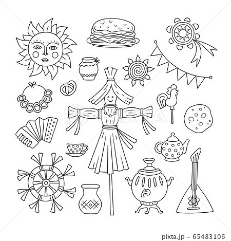 Maslenitsa. Pancake week elements - pancake, samovar, candy, balalaika, sun, scarecrow of winter, sour cream, accordion. Shrovetide. 65483106