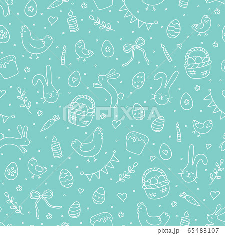 Cute Easter seamless pattern with eggs, rabbits, hens, chicken and other symbol of the great religious holiday. Hand drawn vector illustration Cute Easter seamless pattern with eggs, rabbits, hens, chicken and other symbol of the great religious holiday. Hand drawn vector illustration 65483107