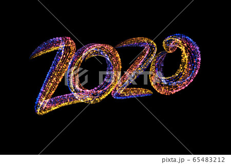 Happy new year 2020 isolated numbers lettering written by colorful confetti particles. Isolate on black background 65483212