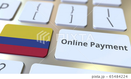 Online Payment text and flag of Colombia on the keyboard. Modern finance related conceptual 3D rendering 65484224