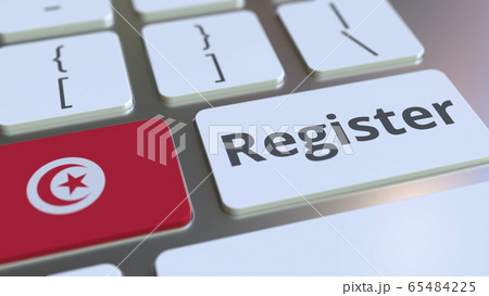 Register text and flag of Tunisia on the keyboard. Online services related 3D rendering Register text and flag of Tunisia on the keyboard. Online services related 3D rendering 65484225