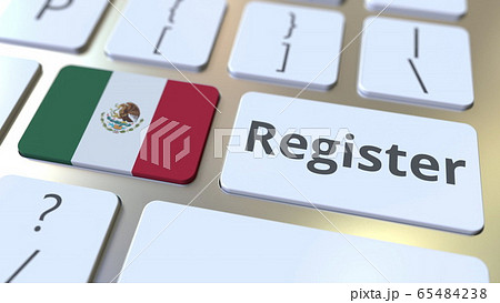 Register text and flag of Mexico on the keyboard. Online services related 3D rendering 65484238