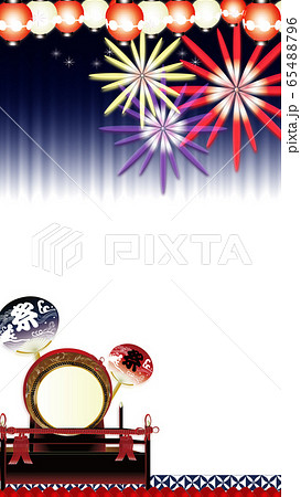 花火と夏祭り大太鼓に紅白の輝く提灯と祭りのうちわのイラストワイドサイズ縦スタイル背景素材のイラスト素材