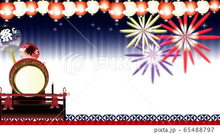 花火と夏祭り大太鼓に紅白の輝く提灯と祭りのうちわのイラストワイドサイズ横スタイル背景素材のイラスト素材