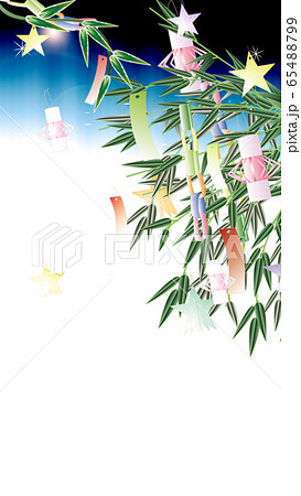 七夕飾り笹の葉にキラキラした大きいあみ飾りのイラストワイドサイス縦スタイルバーチャル背景素材のイラスト素材