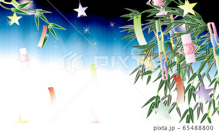 七夕飾り笹の葉にキラキラした大きいあみ飾りのイラストワイドサイス横スタイルバーチャル背景素材のイラスト素材