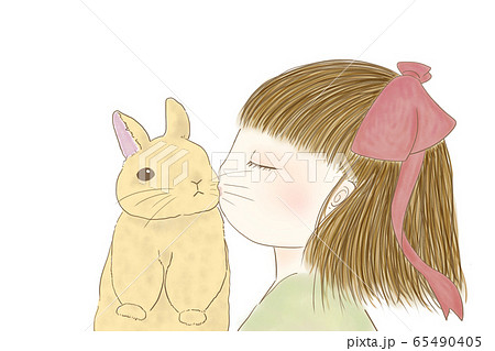 うさぎとキスする女の子のイラスト素材