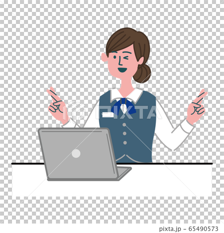 Female bank clerk, office worker, computer, wish good luck 65490573