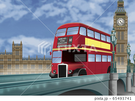 ロンドンバスとビックベンのイラストのイラスト素材