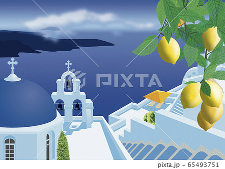 ギリシャの教会と海のイラスト 65493751