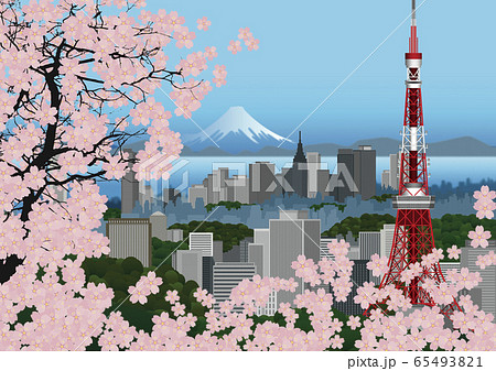 桜と東京タワーとビル群のイラストのイラスト素材