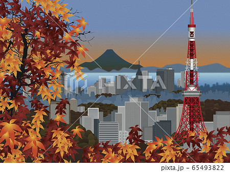 紅葉と東京タワーとビル群のイラストのイラスト素材