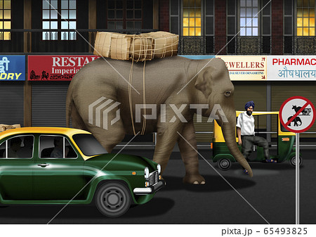 インド 街中のタクシーと象のイラストのイラスト素材