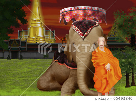タイ 夕景のワット プラ ケオと象と僧侶のイラストのイラスト素材