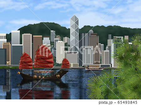 香港島と船のイラストのイラスト素材