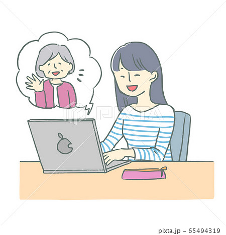 オンライン帰省中の女性とおばあちゃんイラストのイラスト素材