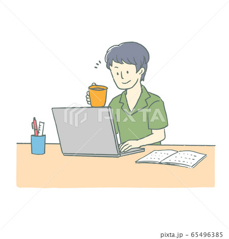 ノートパソコンでテレビ通話中の男性イラスト 65496385