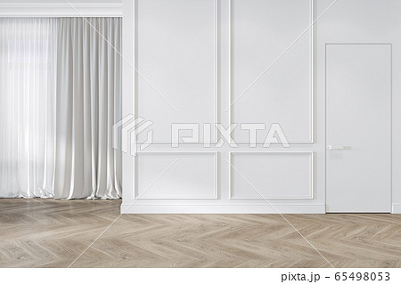 Modern classic white interior blank wall with moldings, curtains, hiden door and wood floor. 65498053