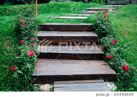 wooden stairs stairstep staircase in garden 65499899