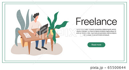 Freelance vector flat banner template. Man sitting in comfortable chair at desk and working on computer. 65500644