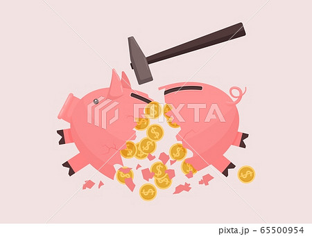 Piggy bank broken by hammer. Broken pink piggy bank spillover savings cash. 65500954