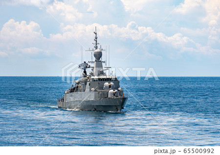 Guided missile corvette type navy ship sails in the sea to protect sea line of communcation or SLOC. 65500992