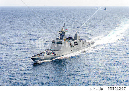 HTMS Bhumibol Adulyadej guided missile stealth frigate of Royal Thai Navy sails in the sea. 65501247