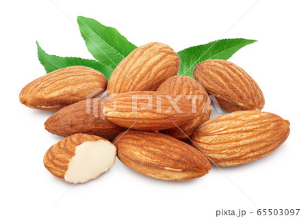 Almonds nuts with leaf isolated on white background with clipping path and full depth of field. Almonds nuts with leaf isolated on white background with clipping path and full depth of field. 65503097