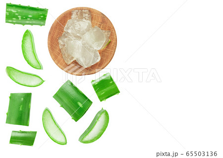 Aloe vera sliced in wooden spoon isolated on white background. Top view. Flat lay 65503136
