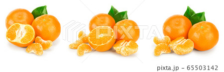 tangerine or mandarin fruit with leaves isolated on white background. Set or collection 65503142