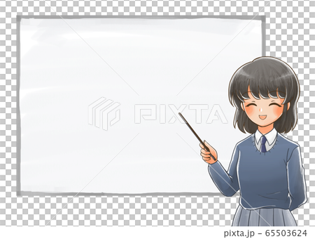 Illustration of a smiling student holding a pointing stick in front of the whiteboard 1 65503624