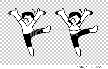 汗をかきながら笑顔で踊るスポーツウェアを着た男性女性 シンプル のイラスト素材